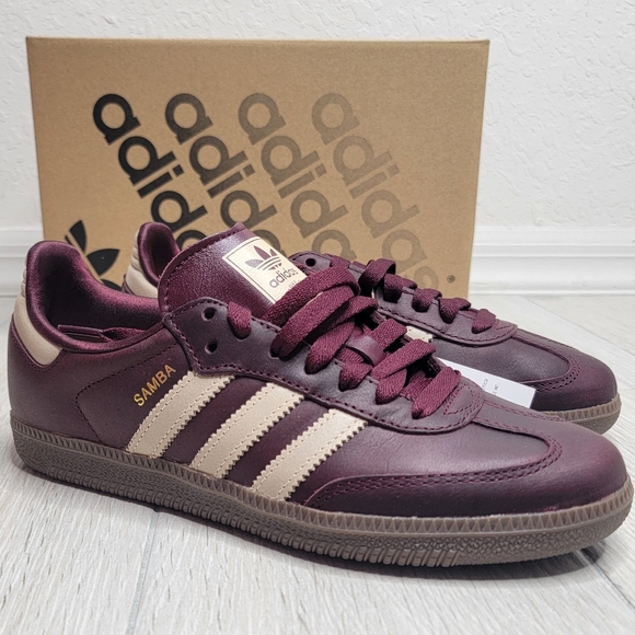 ADIDAS Sambas OG Sneakers In Maroon / Crystal Sand / Gold Metallic NWT 6.5. - Picture 9 of 16